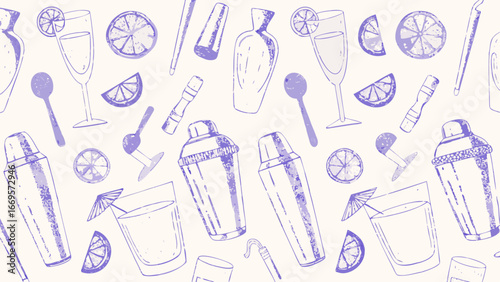 Seamless pattern featuring cocktail shakers, glasses, and citrus slices in a light purple hue on white background