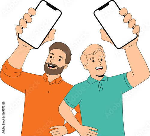 Two Cartoon Men Holding Up Blank Smartphones, Illustration for Mobile App Promotion or Tech Advertisement