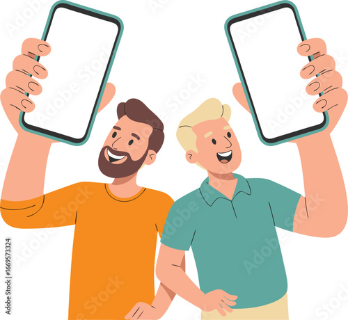 Two Smiling Men Holding Up Smartphones with Blank Screens Displayed Overhead, Illustration Style
