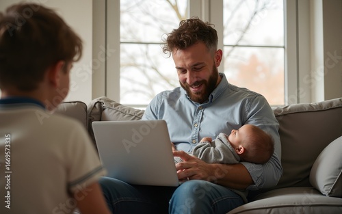 Father with a newborn baby in arms working from home during quarantine and closed school. coronavirus outbreak. Young businessman freelancer works on laptop with children playing around. High quality