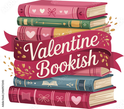 Valentine Bookish Stack Illustrated Books with Hearts, Ribbons and Gold Accents for Reading Lovers