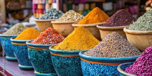 French Market vendors selling colorful crafts and spices Stock photo