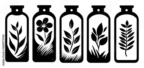 Five Elegant Glass Bottles with Floral and Leaf Designs in Silhouette Style