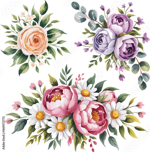 Watercolor Floral Bouquets Peach Rose, Purple Roses, Pink Peonies, and White Daisies Illustration
