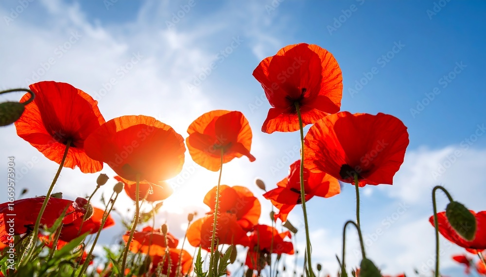 Naklejka premium Vibrant red poppies reach towards a bright, sunny sky, showcasing a field of flourishing flowers.