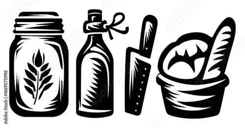 Vintage Style Illustration of Kitchen Tools and Ingredients for Cooking