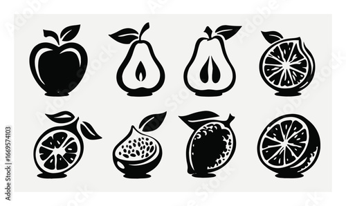 Black and White Silhouettes of Various Fruits for Creative Design Projects