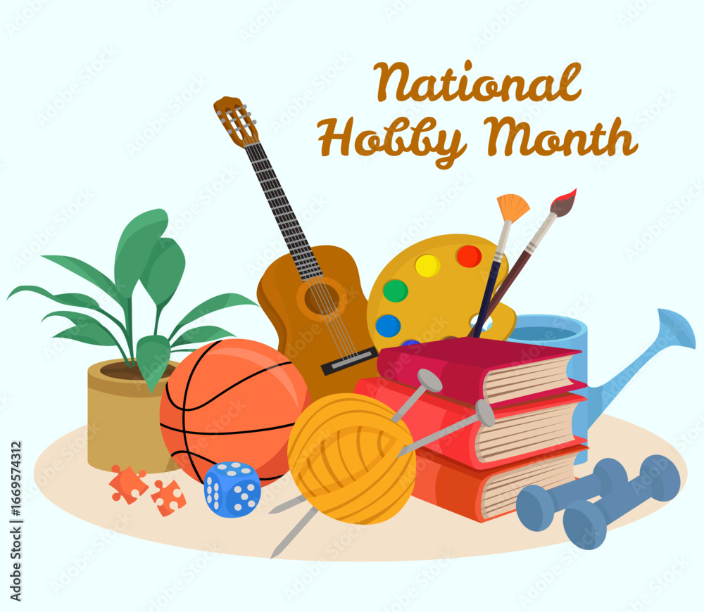 Naklejka premium National Hobby Month composition with Activity elements Guitar books ball collor palette knitting