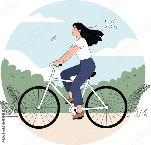 Woman Riding White Bicycle with Birds in a Pastel Landscape, Illustration, Outdoors