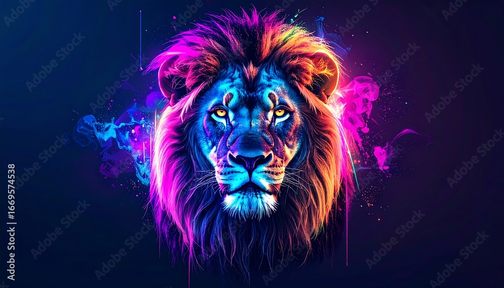 Fototapeta premium A vibrant, artistic portrayal of a lion's head, highlighted with bold, colorful hues, and a dynamic composition.