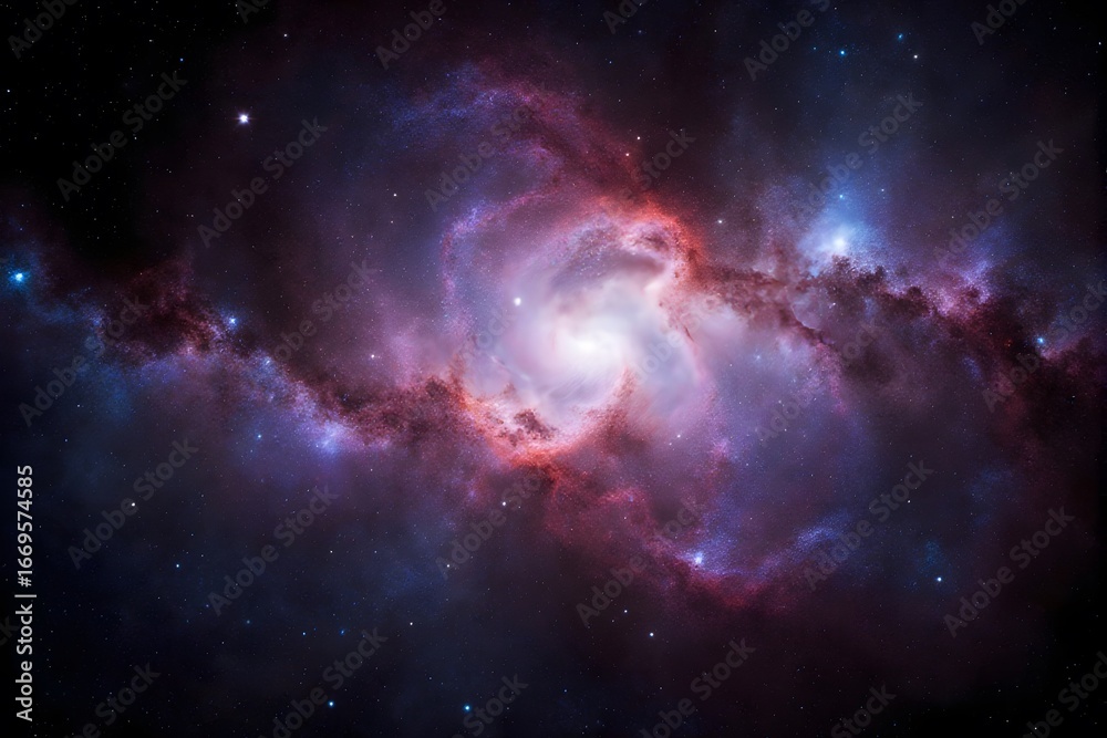 Fototapeta premium A colorful galaxy with swirling clouds and bright stars in the night sky.