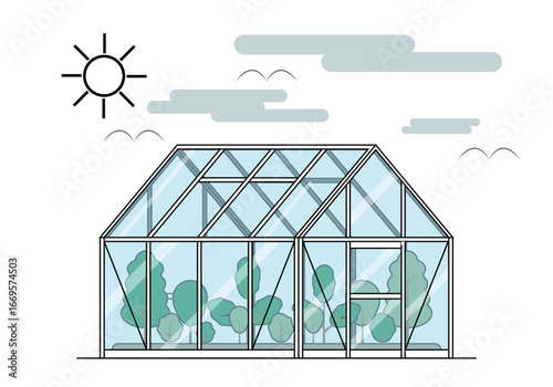 Invernadero con plantas y sol y nubes