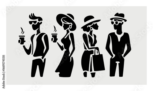 Stylish People Drinking Coffee in Summer Fashion Silhouettes