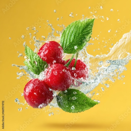 crisp clean fruit splash with fresh leaves background