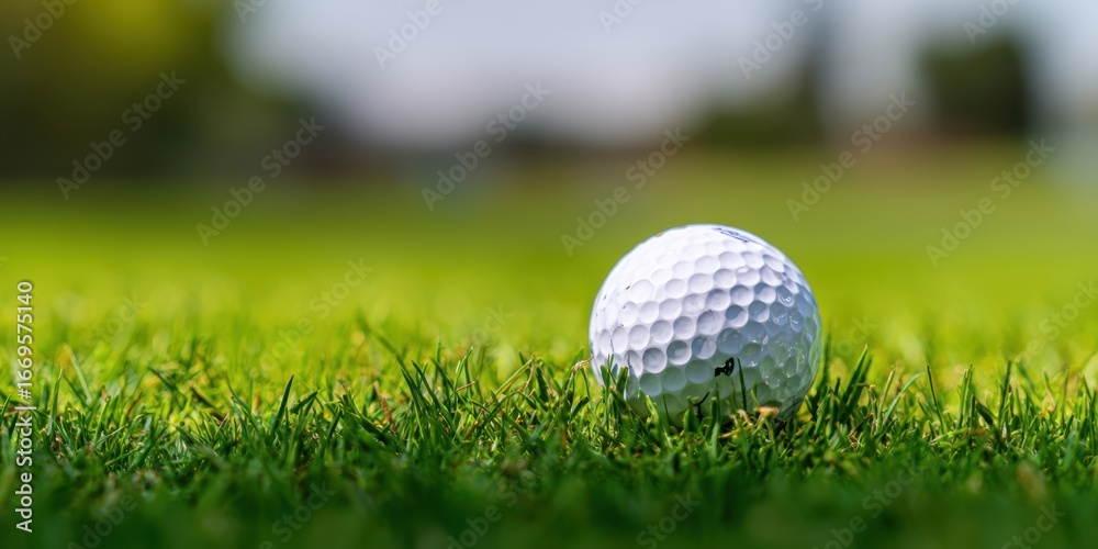Obraz premium The golf ball resting on vibrant green fairway grass with soft bokeh sunlight
