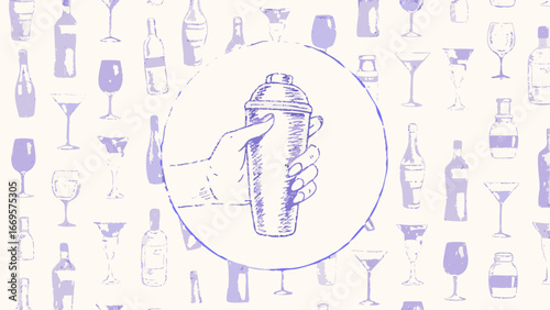 Illustration featuring a hand holding a cocktail shaker surrounded by bottles and glasses design art