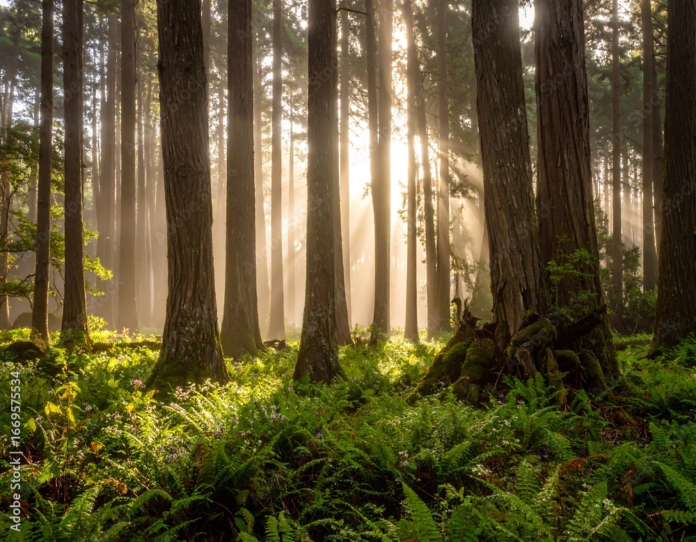 Fototapeta premium Sunlight filtering through a dense forest (3)
