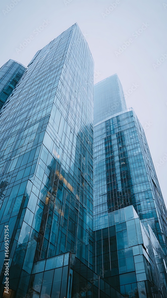 Fototapeta premium LowAngle View of Blue Glass Skyscrapers on a Cloudy Day