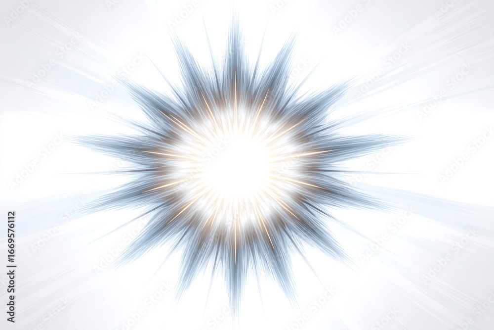 Fototapeta premium Abstract radiating burst of light with a central halo, surrounded by sharp, geometric spikes against a bright, almost white background