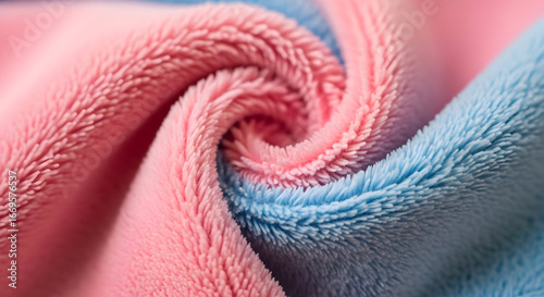 Close-up of Soft, Plush Fleece Fabric Swirled and Folded in Pastel Pink and Blue Hues, Creating an Abstract, Textured Pattern, Ideal for Textiles, Comfort, and Baby Products

