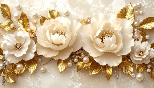 Elegant White and Gold Flowers, Wall Decor