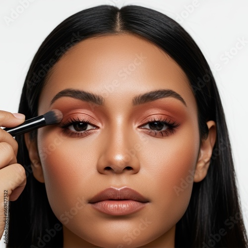 Close-up of woman applying rose gold eyeshadow with makeup brush