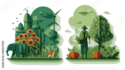 Nature and Sustainability Illustration with Animals and Green Landscape