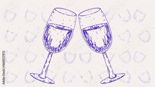 Two champagne glasses clinking together against a background of faint glass imprints in a sketch style
