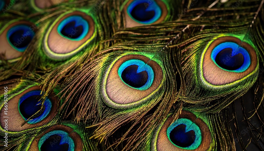 Fototapeta premium Close-up view of intricate peacock feathers, showcasing vibrant colors and detailed textures.
