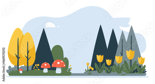 Colorful Flat Cartoon Forest Landscape with Trees and Flowers