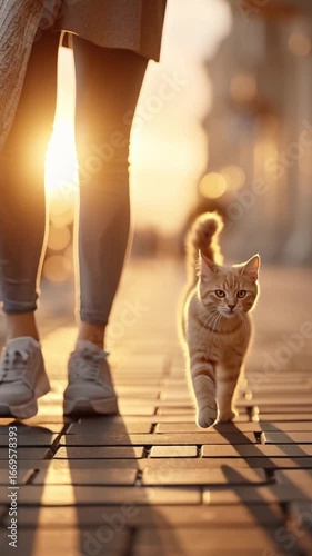 Ginger Kitten Walking at Sunset on City Street