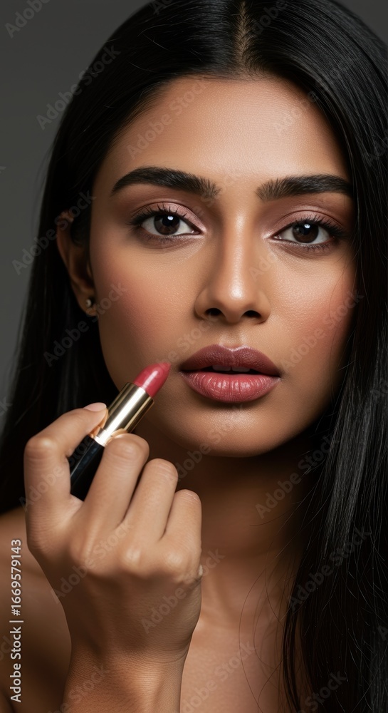 Obraz premium Close-up of Woman Applying Pink Lipstick with Smooth Skin and Natural Makeup