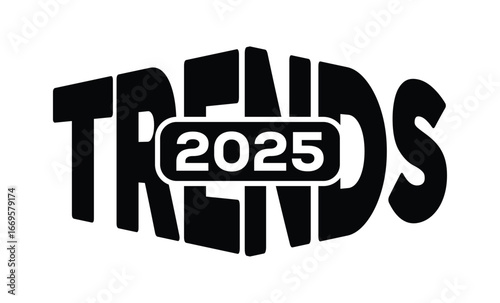 Minimalist black and white graphic design featuring bold "TRENDS 2025" text in sans-serif font with layered 3D effect. Modern, clean, and impactful style on a pure white background.