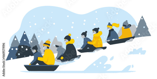 Playful Winter Adventure with Children Sledding in a Cartoon Scene