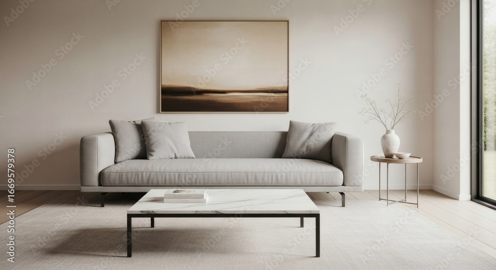 Fototapeta premium Minimalist living room interior with comfortable sofa and modern coffee table