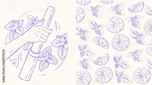 Illustration showing a hand holding a pestle with mint leaves and citrus fruit pattern on the right side