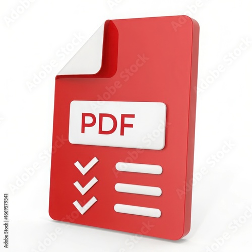 Bright red 3d pdf icon with document elements and checkmarks for digital presentation