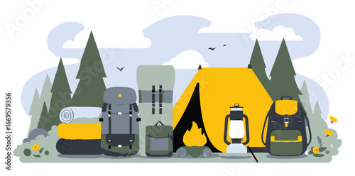Colorful Cartoon Camping Scene with Tent, Gear, and Forest Elements