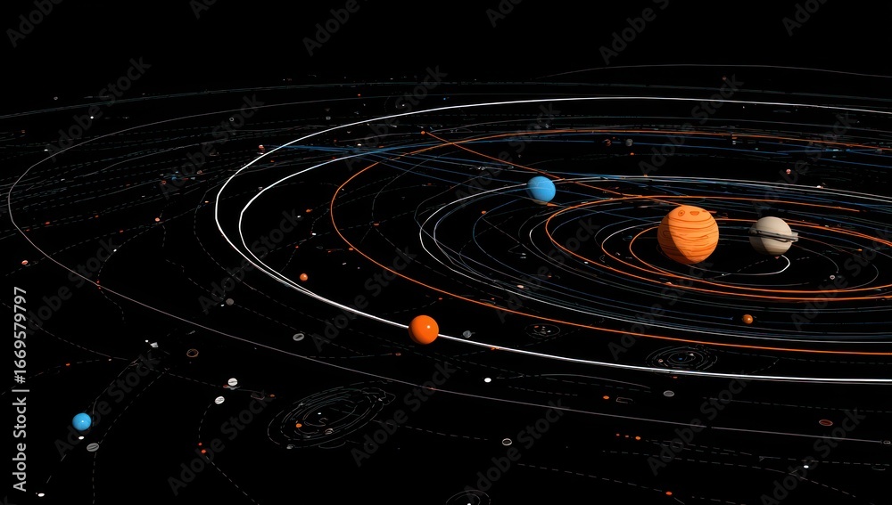 Fototapeta premium Solar System Planets orbit a striped gas giant amongst rings of asteroids on a black space background