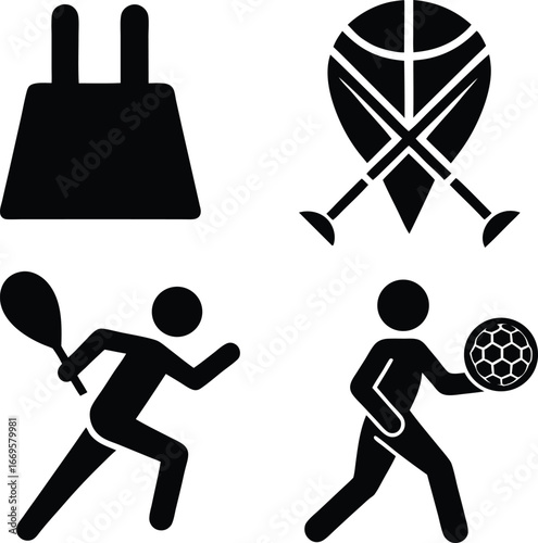 Four Diverse Vector Illustrations of Sports and Gaming Activities in Black and White