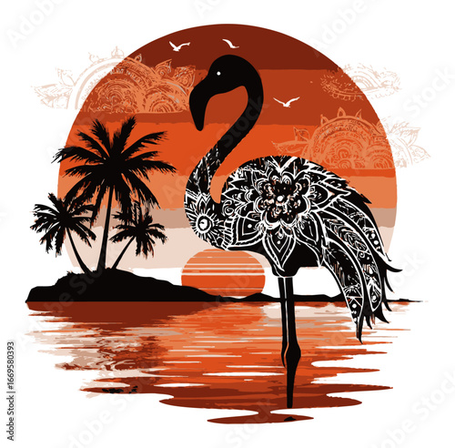 Elegant Flamingo Illustration Against Sunset with Tropical Elements