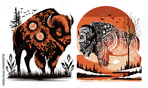 Abstract Buffalo Illustration with Floral Elements and Nature Scene