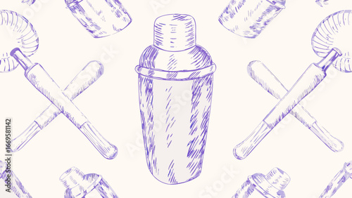 Illustration of a cocktail shaker with crossed rolling pins and donut shapes in a repeated pattern