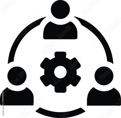 Diverse group of people inside a circular frame with a mechanical gear element
