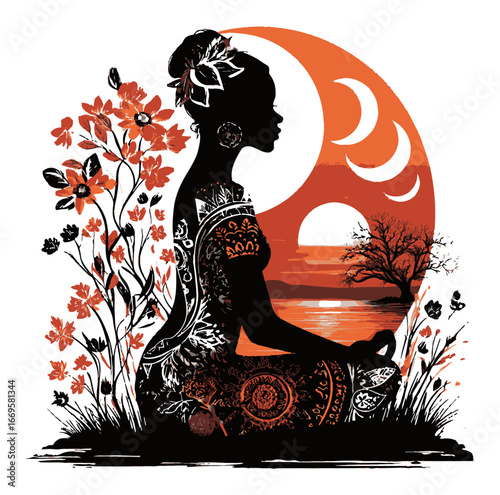 Serene Woman Silhouette with Nature and Moon Illustration Artwork