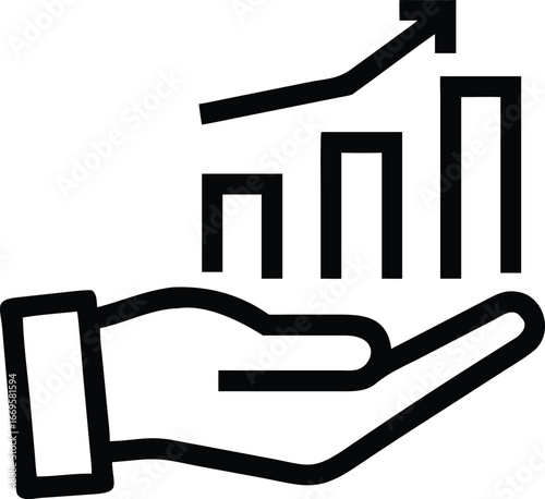 Human hand presenting an upward trending bar graph with data visualization elements