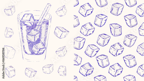 Illustration showing a glass filled with ice cubes and a straw with a pattern of ice cubes beside it