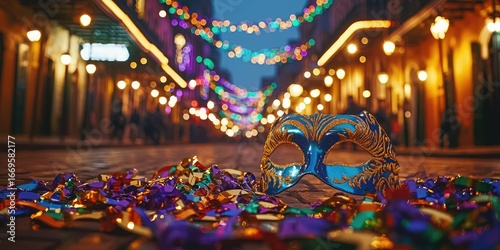 Mardi Gras masks and beads scattered on Bourbon Street Stock photo