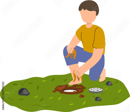 Man Adding Organic Waste into Biopore Hole