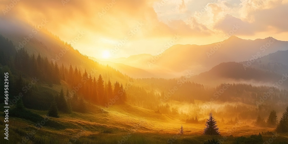 Obraz premium Misty mountain valley at dawn with orange sunlight breaking through Stock photo